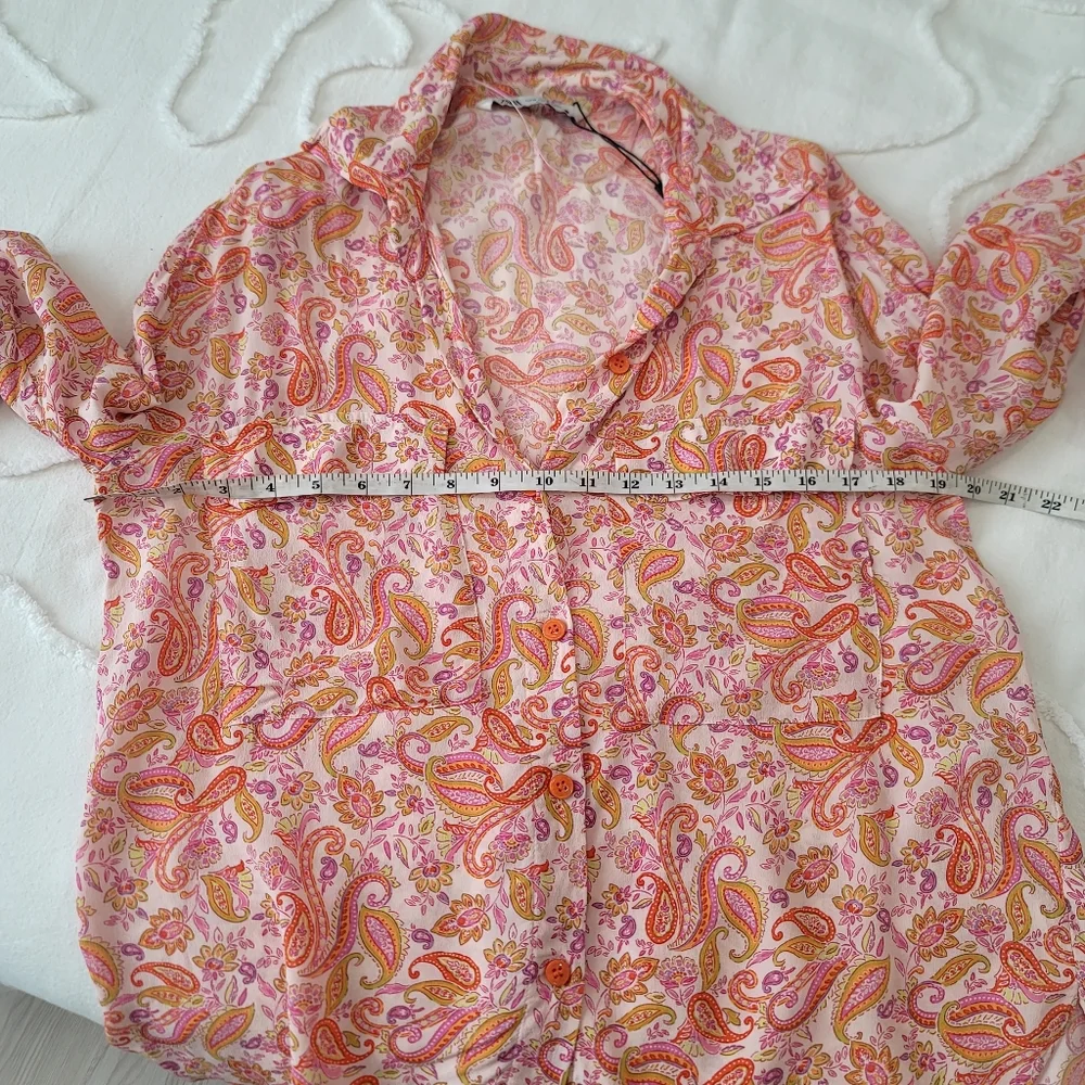​Zara Paisley Print Button-Down Blouse Pink & Orange Boho Shirt  M 100% Viscose - Picture 7 of 10